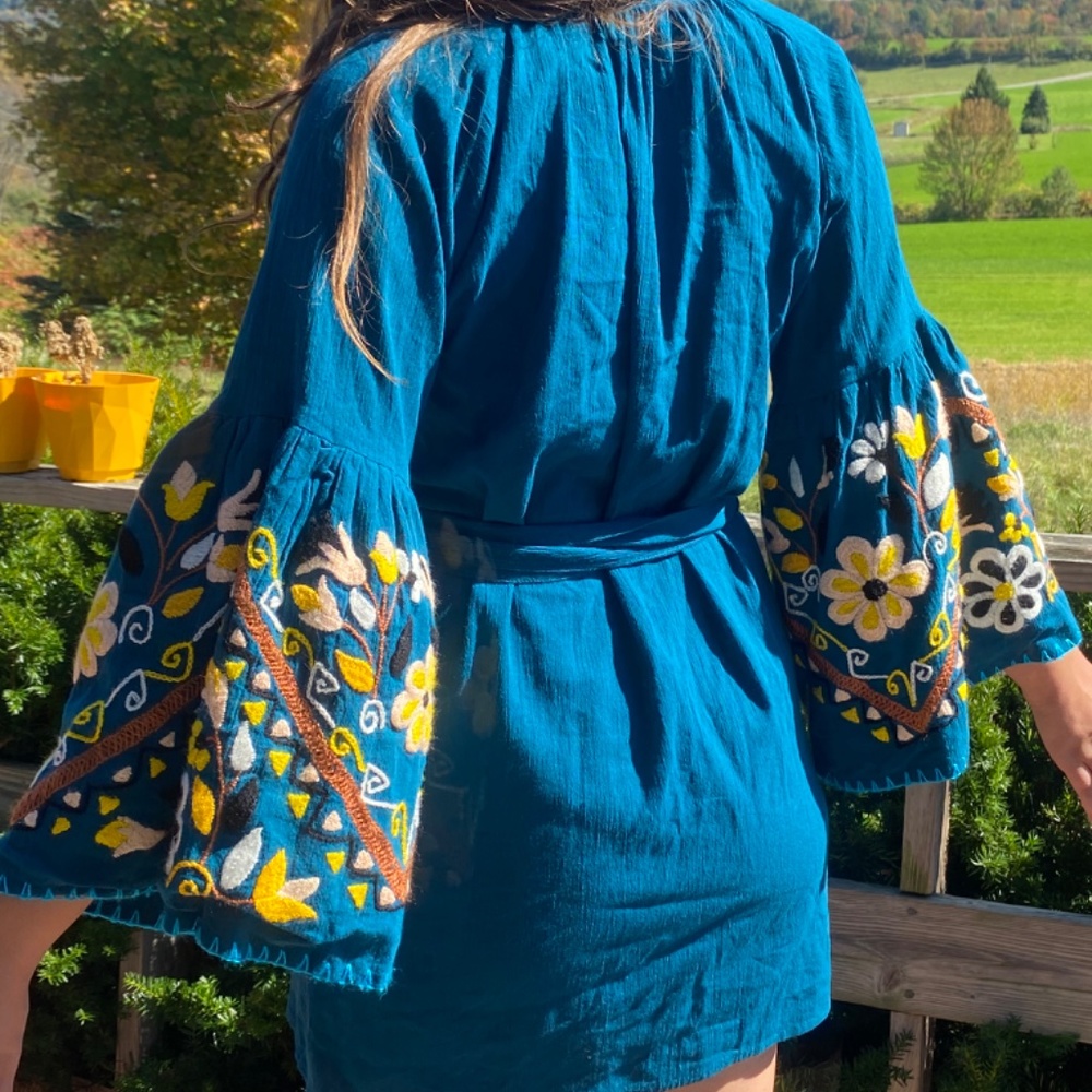 Sensi Studio Cotton Blue Wrap Tie Dress Floral Flower Embroidery Women's Medium